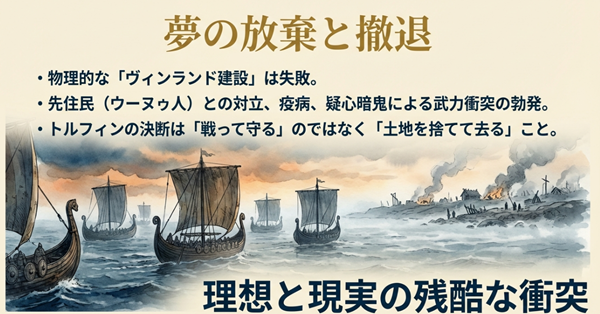 トルフィンの決断は「戦って守る」のではなく「土地を捨てて去る」ことだった。先住民との対立や疫病により、物理的なヴィンランド建設が失敗に終わった経緯を解説した図。