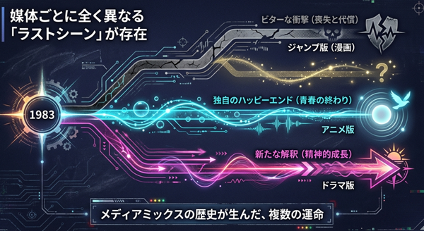 1983年から始まるウイングマンの歴史が、漫画版のビターエンド、アニメ版のハッピーエンド、ドラマ版の精神的成長へと分岐する様子を描いたタイムラインチャート。