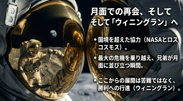 NASAとロスコスモスの国境を越えた協力により、兄弟が月面に並び立つ瞬間と、苦難を乗り越えた先にある「ウィニングラン」というポジティブな展開についての解説