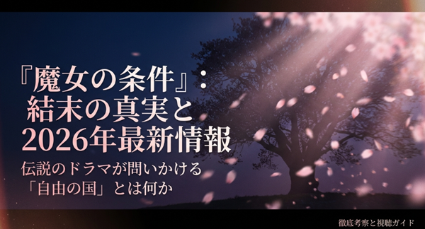 ドラマ『魔女の条件』の結末の真実、自由の国の意味、そして2026年の最新配信・Blu-ray情報を網羅した解説スライドの表紙。