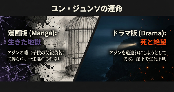 漫画版では一生アジンの嘘に縛られ、ドラマ版では崖下で生死不明となるユン・ジュンソの対照的な最期をまとめた比較図。