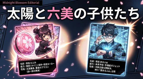 夜桜ひふみのヨーヨーアクションと夜桜あるふぁのクールな立ち姿のイラストと共に、それぞれの能力（無限ソメイニン、未来予知）や性格を詳細に解説したスライド。