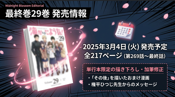 2025年3月4日発売予定のコミックス最終29巻の情報まとめ。全217ページの大ボリュームや、描き下ろしおまけ漫画、作者メッセージなどの特典要素を解説。
