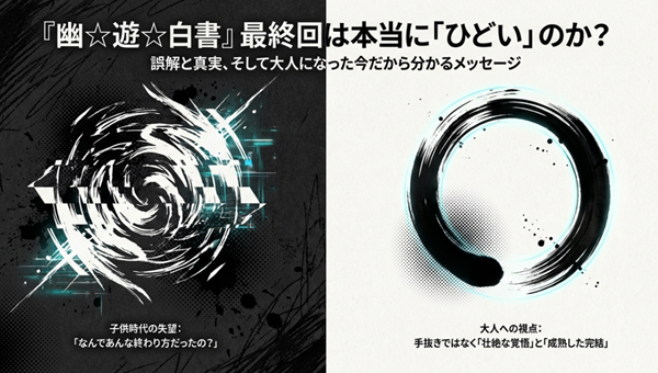 幽遊白書の最終回に対する子供時代の失望感と、大人になってから理解できる「壮絶な覚悟」と「成熟した完結」というテーマを対比させた解説スライドの表紙。